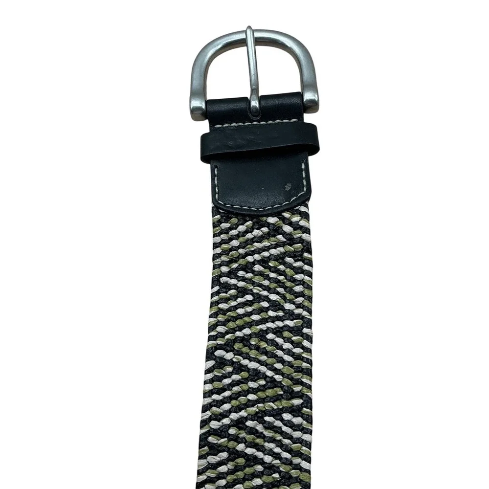 Mens Braided Stretch Belt 2XL Olive Green Black White Woven Elastic Buckle